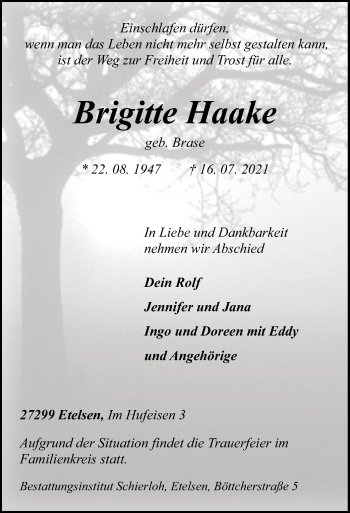 Todesanzeige von Brigitte Haake von SYK
