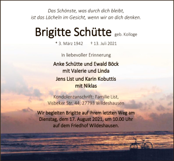 Todesanzeige von Brigitte Schütte von SYK