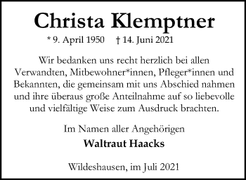 Todesanzeige von Christa Klemptner von SYK