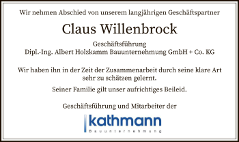 Todesanzeige von Claus Willenbrock von SYK