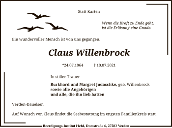Todesanzeige von Claus Willenbrock von SYK