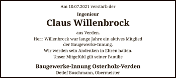 Todesanzeige von Claus Willenbrock von SYK