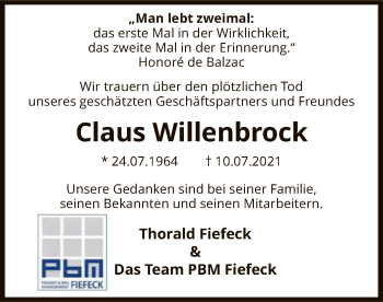 Todesanzeige von Claus Willenbrock von SYK