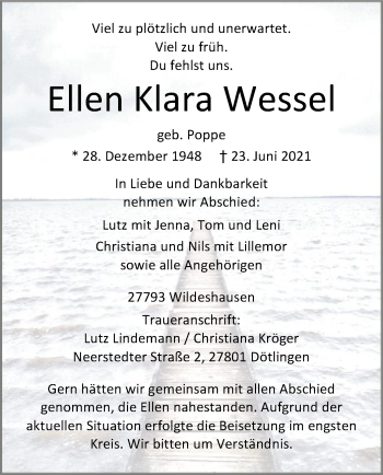 Todesanzeige von Ellen Klara Wessel von SYK