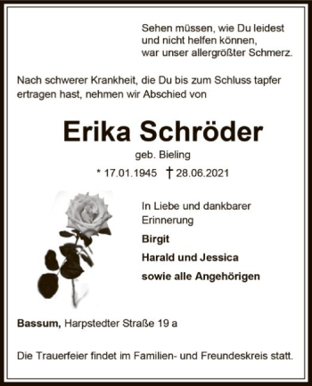 Todesanzeige von Erika Schröder von SYK