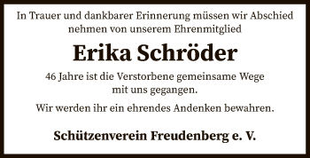 Todesanzeige von Erika Schröder von SYK