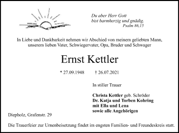 Todesanzeige von Ernst Kettler von SYK