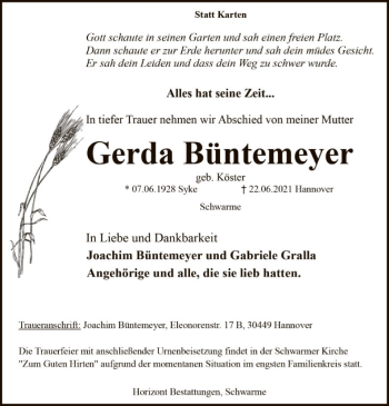 Todesanzeige von Gerda Büntemeyer von SYK