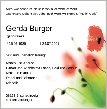 Todesanzeige von Gerda Burger von SYK