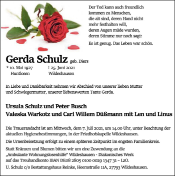 Todesanzeige von Gerda Schulz von SYK