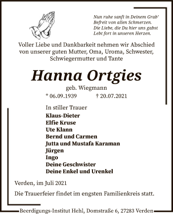 Todesanzeige von Hanna Ortgies von SYK