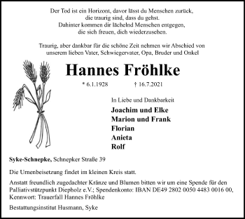 Todesanzeige von Hannes Fröhlke von SYK