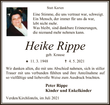 Todesanzeige von Heike Rippe von SYK