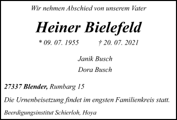 Todesanzeige von Heiner Bielefeld von SYK