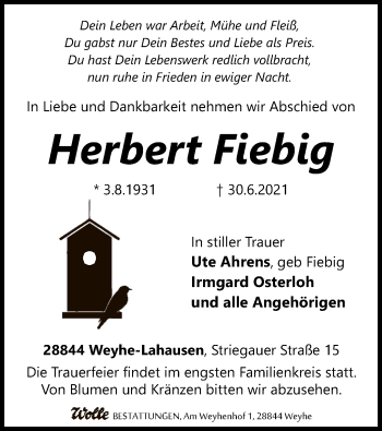 Todesanzeige von Herbert Fiebig von SYK