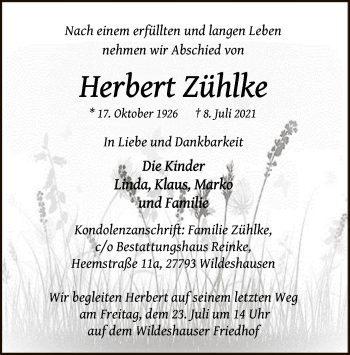 Todesanzeige von Herbert Zühlke von SYK