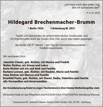 Todesanzeige von Hildegard Brechenmacher-Brumm von SYK