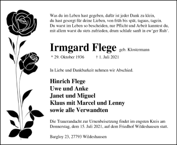 Todesanzeige von Irmgard Flege von SYK