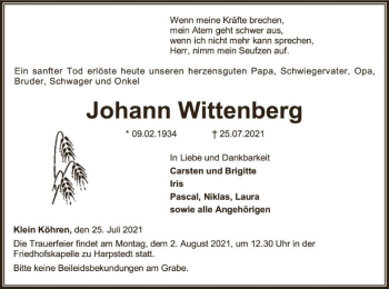 Todesanzeige von Johann Wittenberg von SYK
