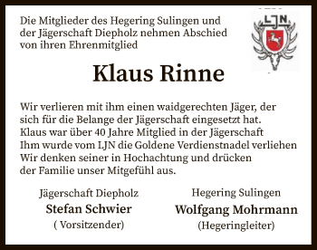 Todesanzeige von Klaus Rinne von SYK