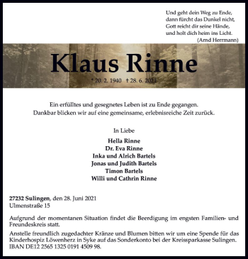 Todesanzeige von Klaus Rinne von SYK
