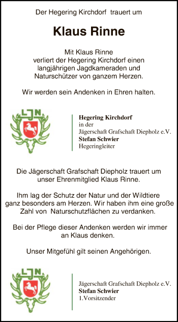 Todesanzeige von Klaus Rinne von SYK