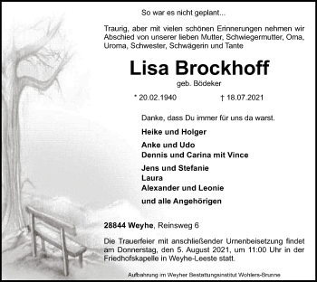 Todesanzeige von Lisa Brockhoff von SYK