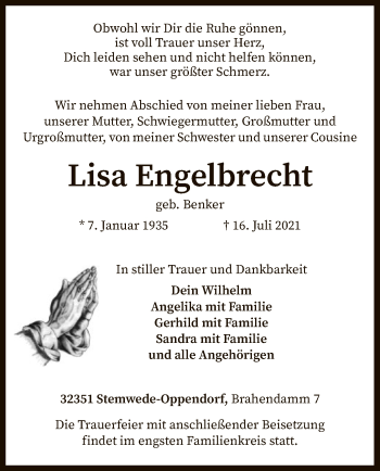 Todesanzeige von Lisa Engelbrecht von SYK