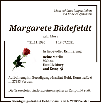 Todesanzeige von Margarete Büdefeldt von SYK