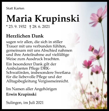 Todesanzeige von Maria Krupinski von SYK