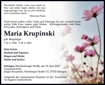Todesanzeige von Maria Krupinski von SYK