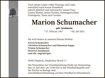 Todesanzeige von Marion Schumacher von SYK
