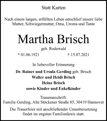 Todesanzeige von Martha Brisch von SYK