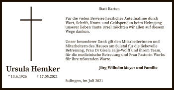 Todesanzeige von Ursula Hemker von SYK