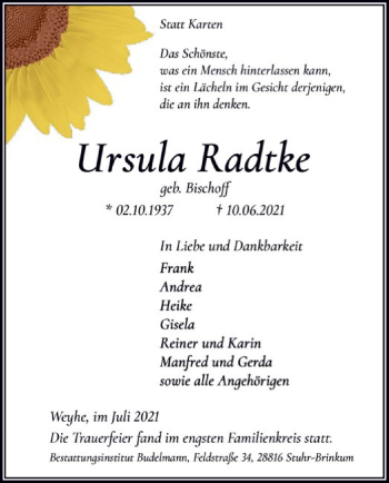 Todesanzeige von Ursula Radtke von SYK