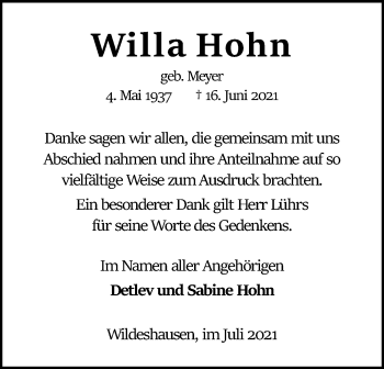 Todesanzeige von Willa Hohn von SYK
