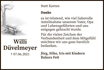 Todesanzeige von Willi Düvelmeyer von SYK