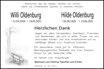 Todesanzeige von Willi Oldenburg von SYK