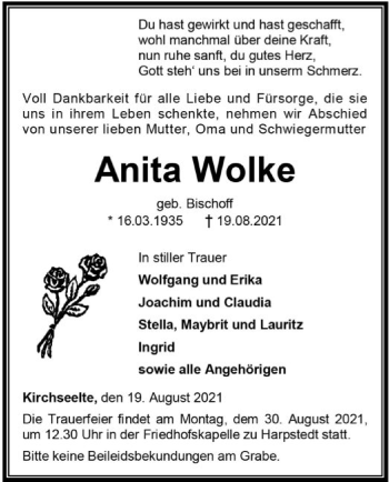 Todesanzeige von Anita Wolke von SYK