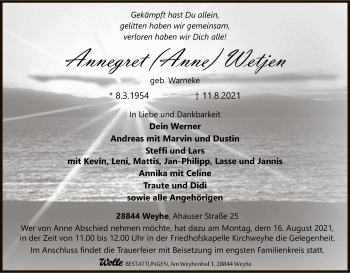 Todesanzeige von Annegret Wetjen von SYK
