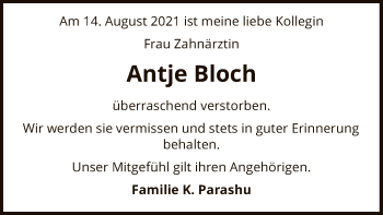 Todesanzeige von Antje Bloch von SYK