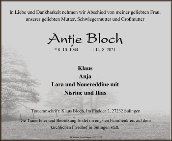 Todesanzeige von Antje Bloch von SYK