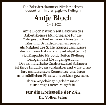 Todesanzeige von Antje Bloch von SYK