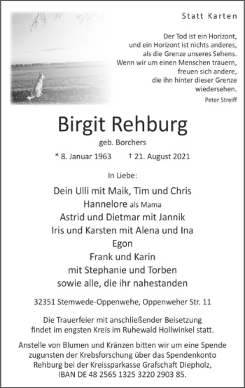 Todesanzeige von Birgit Rehburg von SYK
