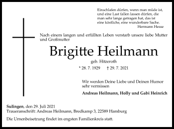 Todesanzeige von Brigitte Heilmann von SYK