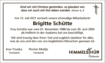 Todesanzeige von Brigitte Schütte von SYK