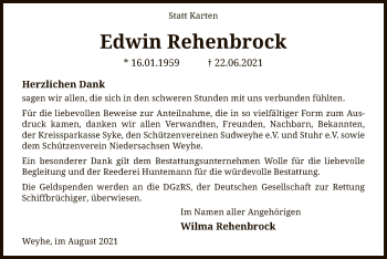Todesanzeige von Edwin Rehenbrock von SYK