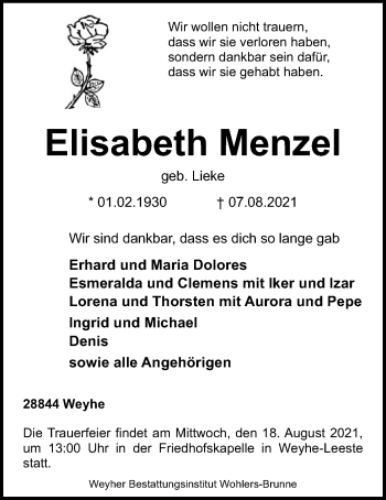 Todesanzeige von Elisabeth Menzel von SYK