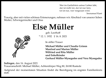 Todesanzeige von Else Müller von SYK