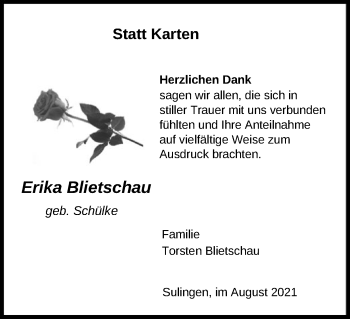 Todesanzeige von Erika Blietschau von SYK